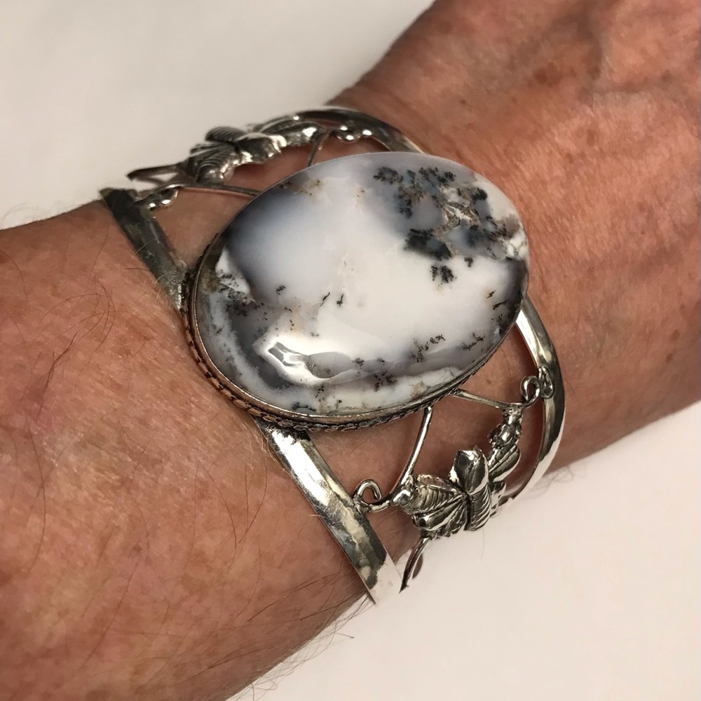 Dendritic Opal Stamped 925 Sterling Silver Cuff Bracelet